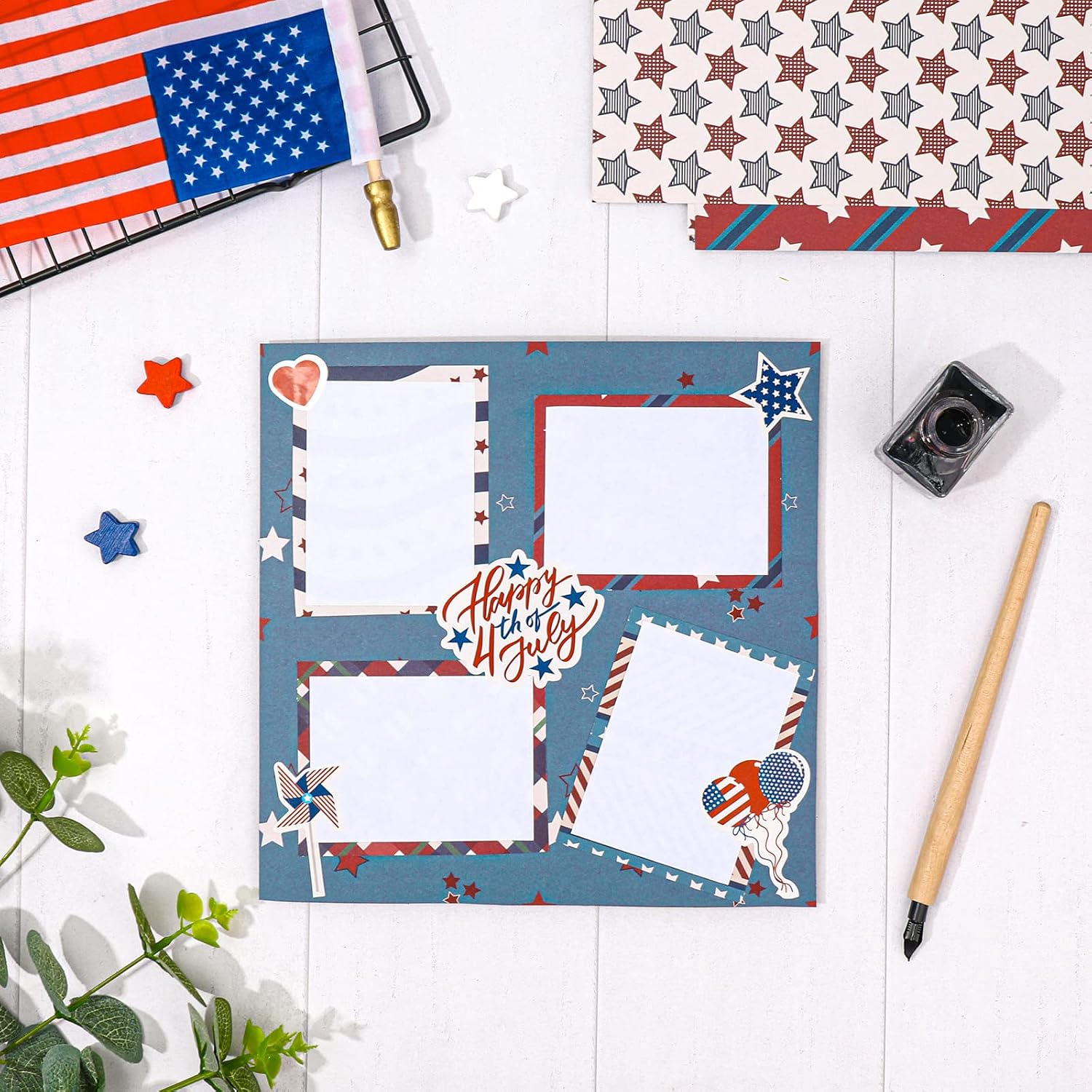 Whaline 24 Sheet 4th of July Pattern Paper Pack Vintage Star Scrapbook Specialty Paper Double-Sided Collection Decorative Patriotic Craft Papers Folded Flat for Card Making Scrapbook Photo Album Decor