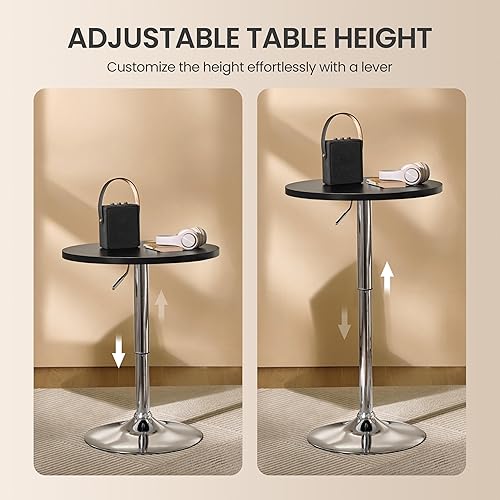 Miniatura 5 de Yaheetech Mesa de bar redonda, altura ajustable y mesas giratorias de 360°, mesa de cóctel con parte superior de MDF, base de patas plateada para
