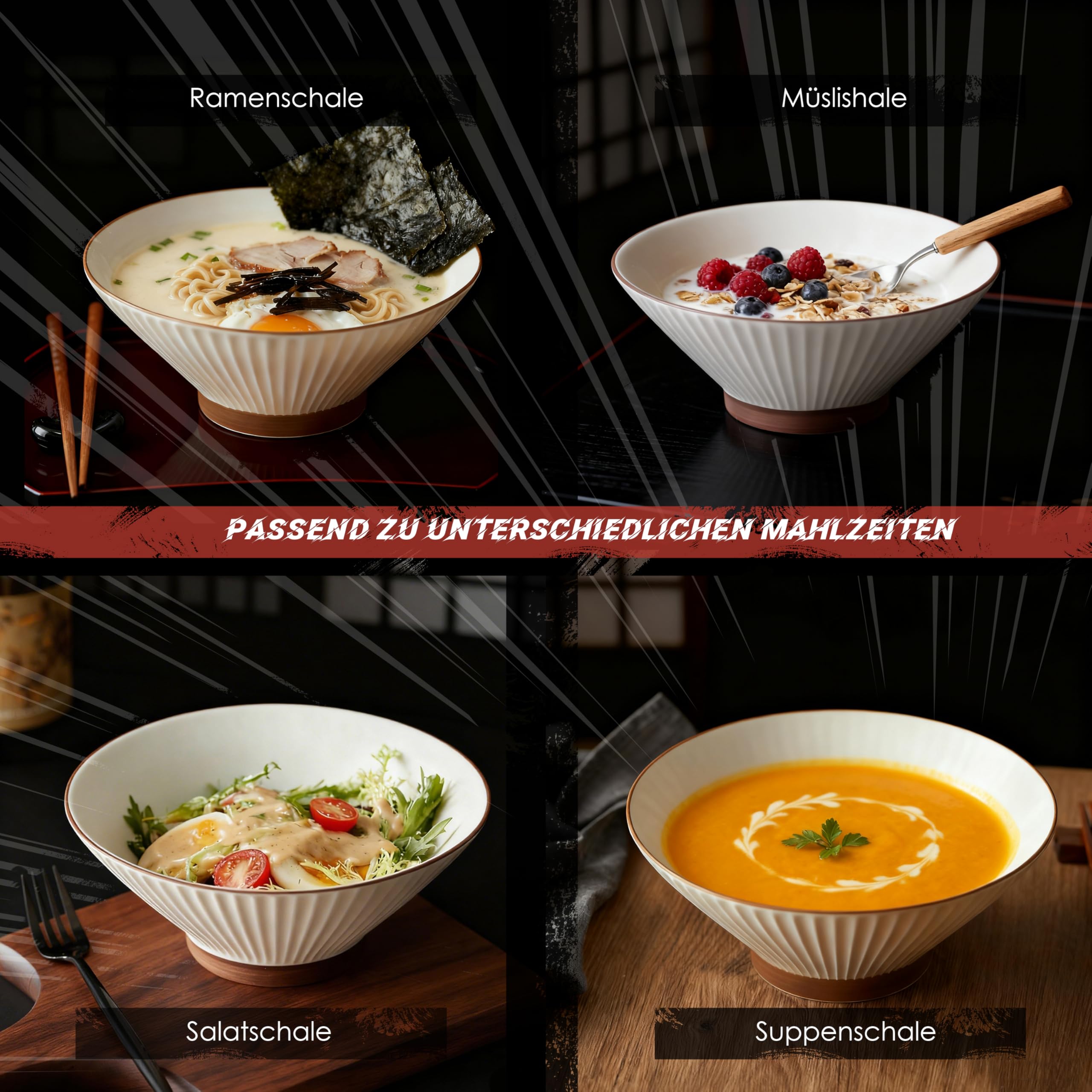 Jiwoo Ramen Schüssel Set 4-teilig 1100ml – große Keramik Ramen Schalen Ø20cm, tiefe Suppenschalen mikrowellen- und spülmaschinengeeignet, Nudelschalen für Ramen, Suppe, Salat & Spaghetti
