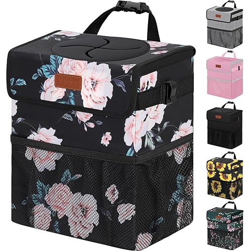 Bote de basura para automóvil de 3 galones con tapa, bolsa de basura para automóvil, impermeable, a prueba de fugas, color negro floral