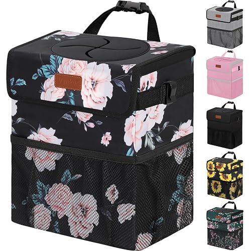 Vankor Car Trash Can with Lid Leak Proof Car Accessories for Women | 2.2 Gallon Cute Hanging Car Trash Bin for Men Car Truck Vehicle Sedan Interior Automotive Garbage Cans, Black Floral