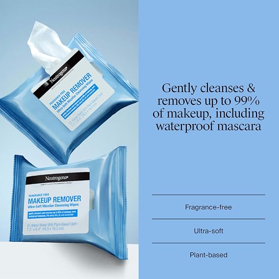 Neutrogena Makeup Remover Wipes, Fragrance-Free, 2 Pack of 25 Ct | Micellar Cleansing Cloths, Gently Removes Oil, Dirt, and Waterproof Makeup, Plant-Based Cloth, Twin Pack