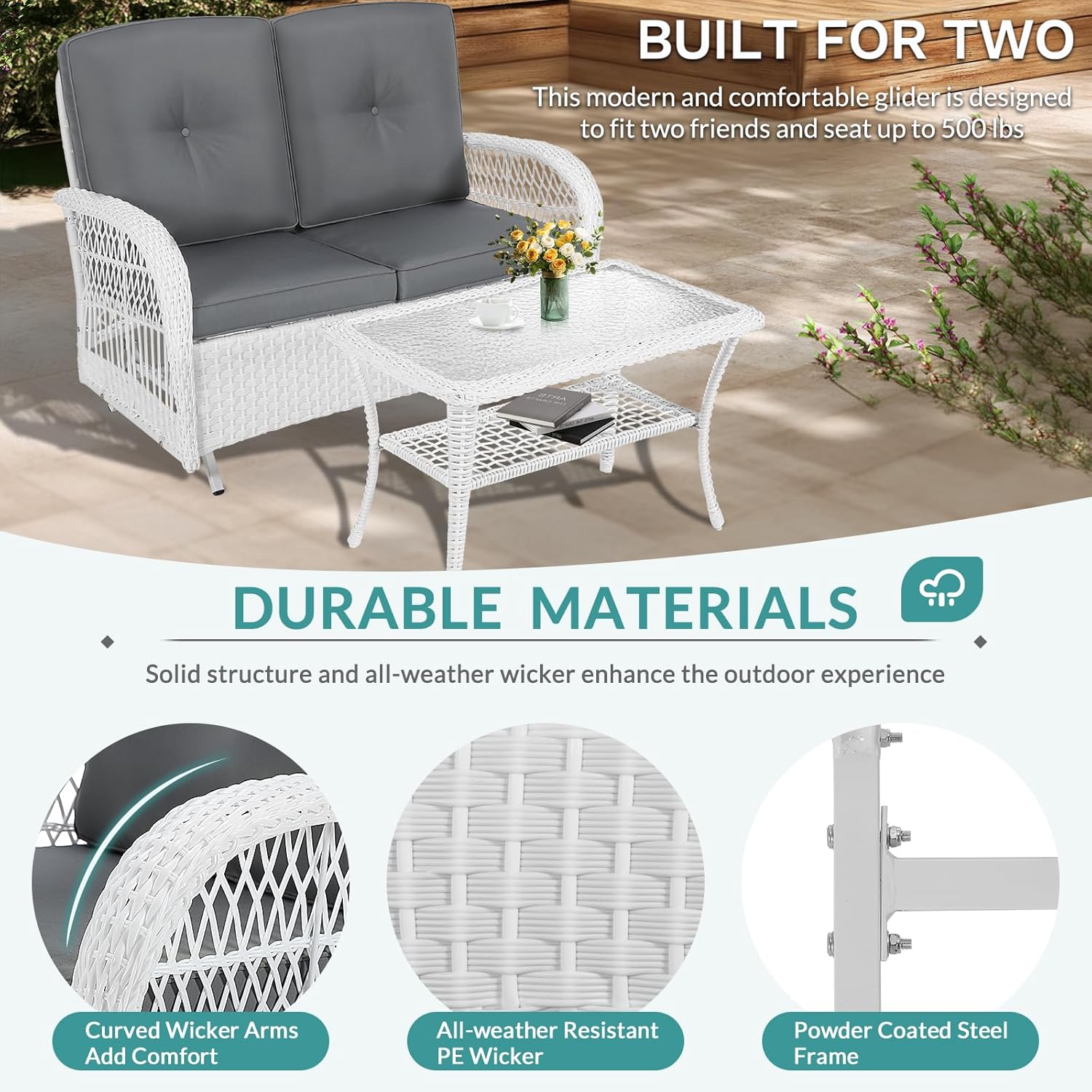MEETWARM Outdoor Wicker Patio Glider Set, Loveseat for 2 Person Porch Furniture Glider with Glass-Top Coffee Table, Patio Glider Rocking Bench with Thickened Cushions, White Wicker/Grey