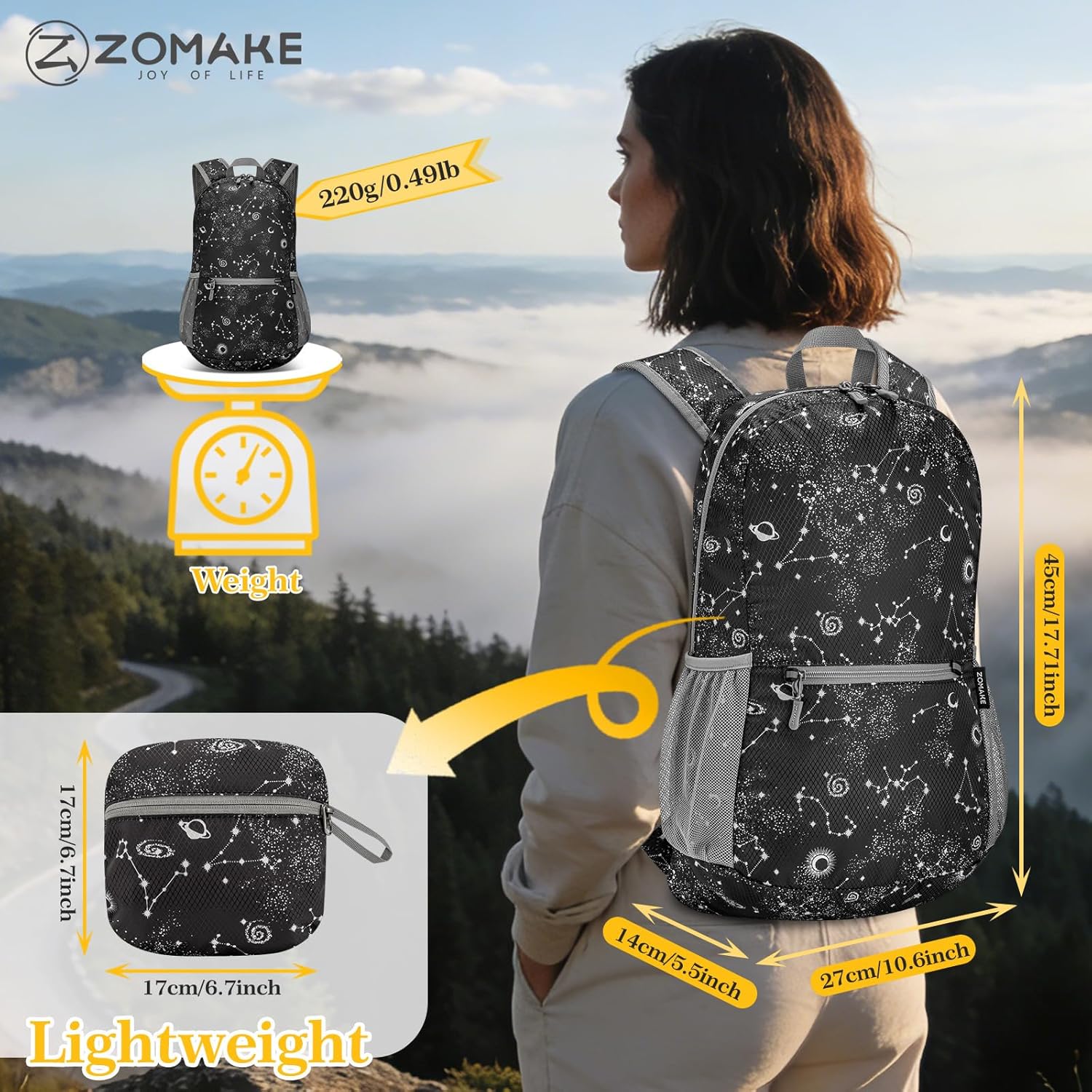 ZOMAKE Ultra Lightweight Hiking Backpack 20L, Packable Small Backpacks Water Resistant Daypack for Women Men(Starry sky print)