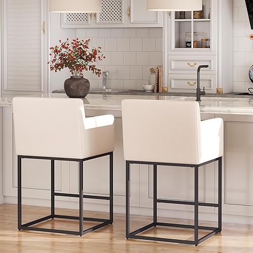 Miniatura 3 de Juego de 2 taburetes de bar modernos de altura de mostrador, taburetes de bar tapizados de cuero negro con respaldo, silla de bar de 26 pulgadas de