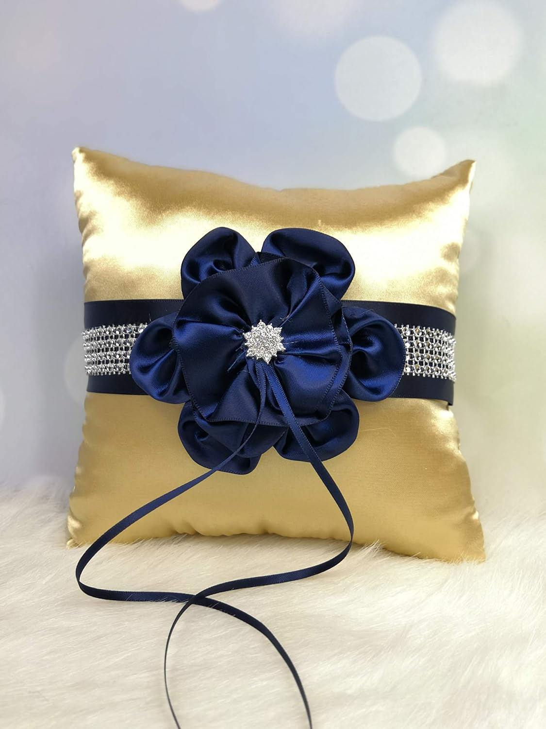 Abbie Home Wedding Guest Book and Pen Set in Gold Satin Cover with Navy Blue Ribbon Flower Rhinestone Decor Luxury Satin Collection Party Favor Set(Navy Blue+Gold)