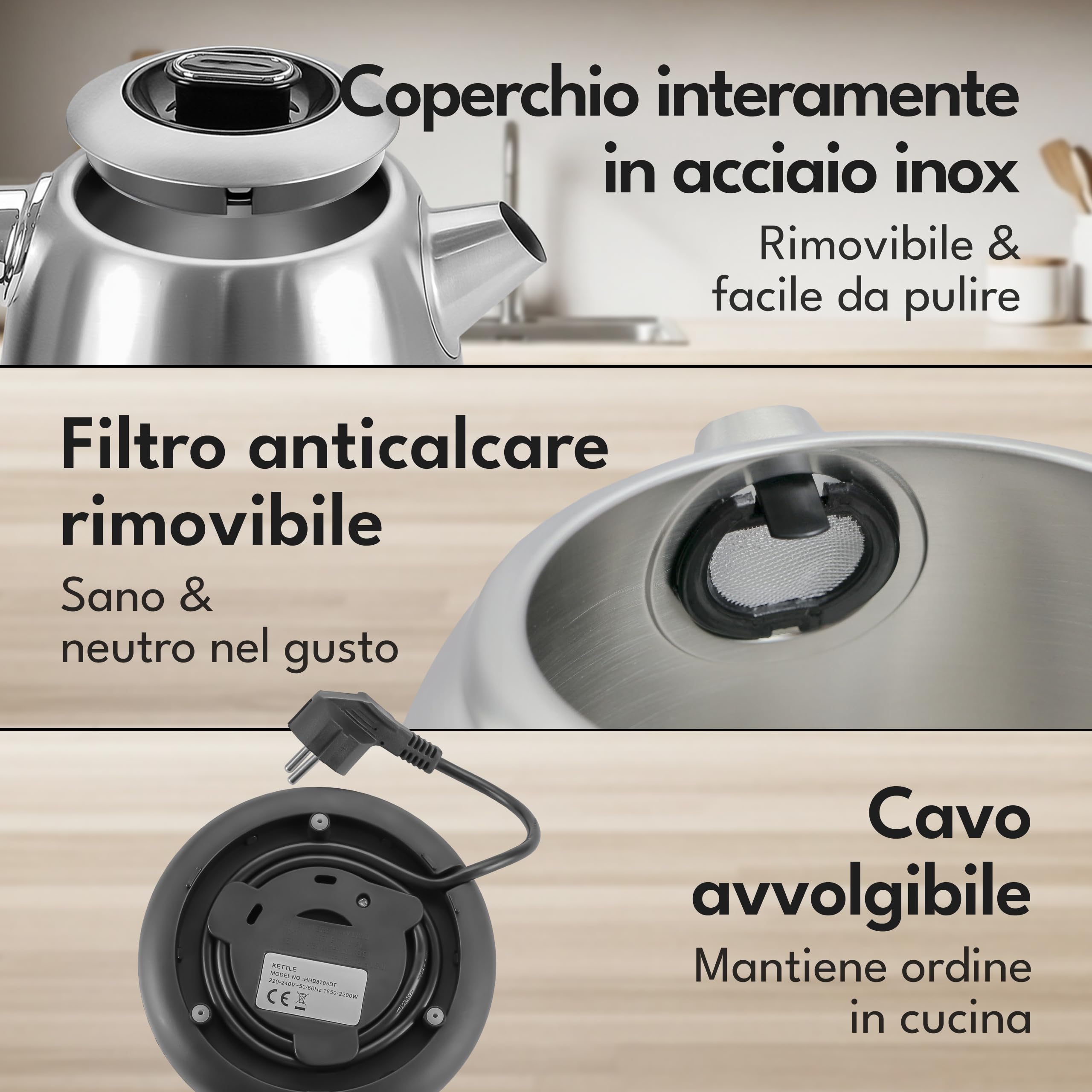 LEBENLANG Bollitore acqua elettrico acciaio inossidabile - 1,7 Litri & 2200W bollitore elettrico temperatura regolabile | silenzioso e con display | Bollitore Elettrico | Retro senza plastica | 2200W bollitore elettrico temperatura regolabile I silenzioso
