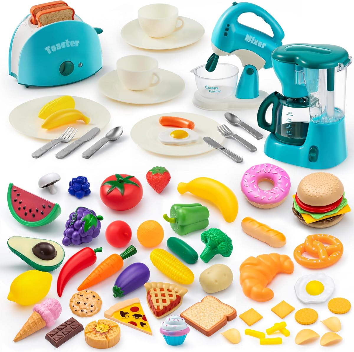 JOYIN 50 Pieces Kids Plastic Play Food Toys, Pretend Kitchen Playset, Play Kitchen Toys, Pretend Kitchen Appliances Toy Set with Coffee Maker, Mixer, Toaster with Realistic Lights& Sounds