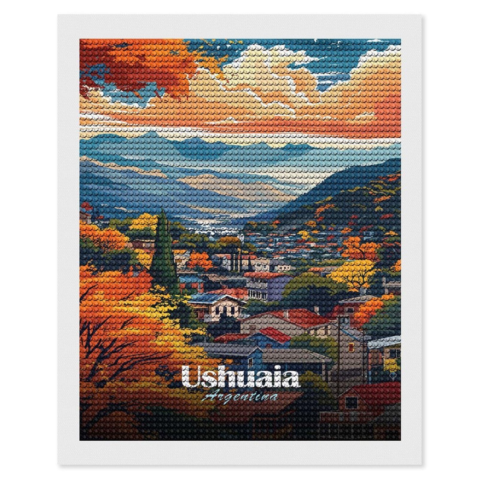 Junmoney Ushuaia, Argentina, Scenic Landscape Art DIY Diamond Art Canvas Kit 16"x20", Relaxing DIY, Sparkling Crystal Beads, Vintage Style Decor, Holiday Gift Idea