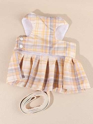 Miniatura 5 de QWINEE Juego de 2 piezas de arnés y correa para perro, estampado a cuadros, decoración de lazo, vestido de princesa para cachorro, gato, vestido de