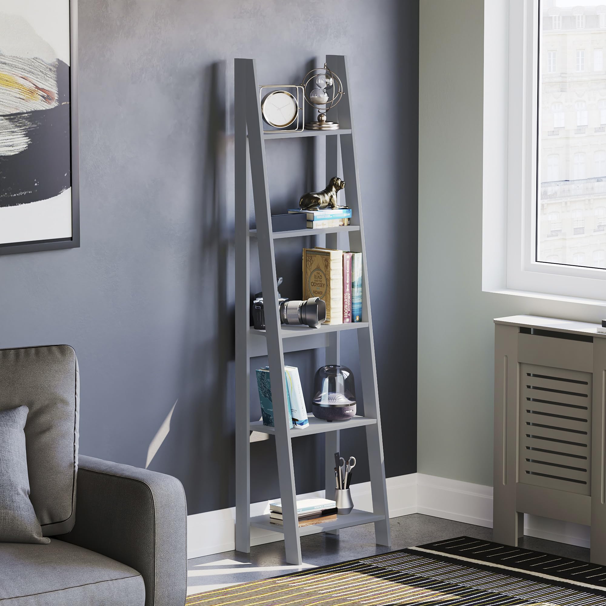 Vida Designs Bristol 5 Nivel Step Escalera Estantería, Moderno A-Frame Independiente Shelf Unit, Space-Saving Storage for Sala de Estar, Dormitorio or Oficina, H175.5xW48xD38.5cm (Gris)