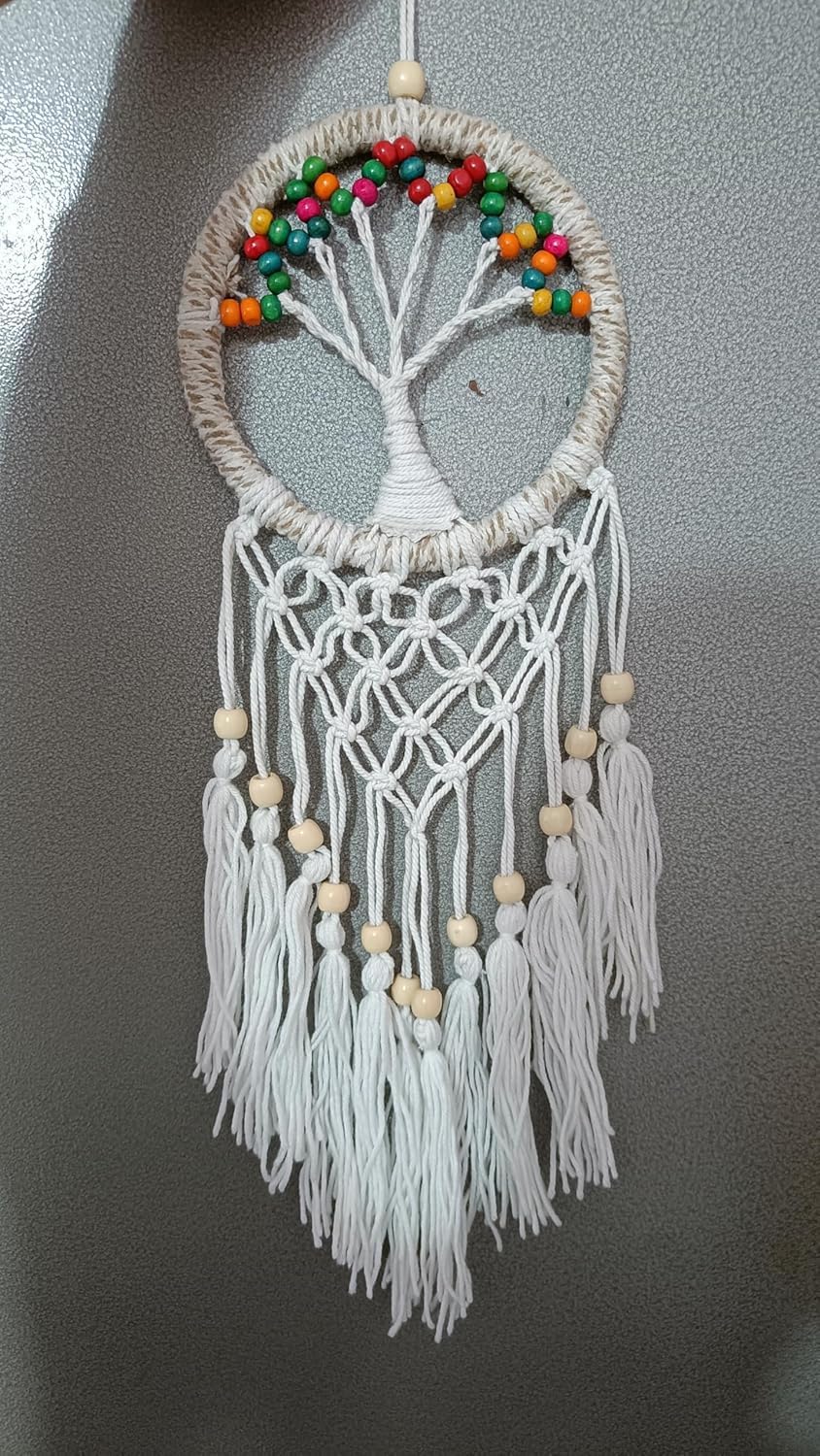 Tree of Life Dream Catcher, Hand Woven Macrame Wall Hanging, Wooden Beads, Boho Decor, 14 x 40 cm