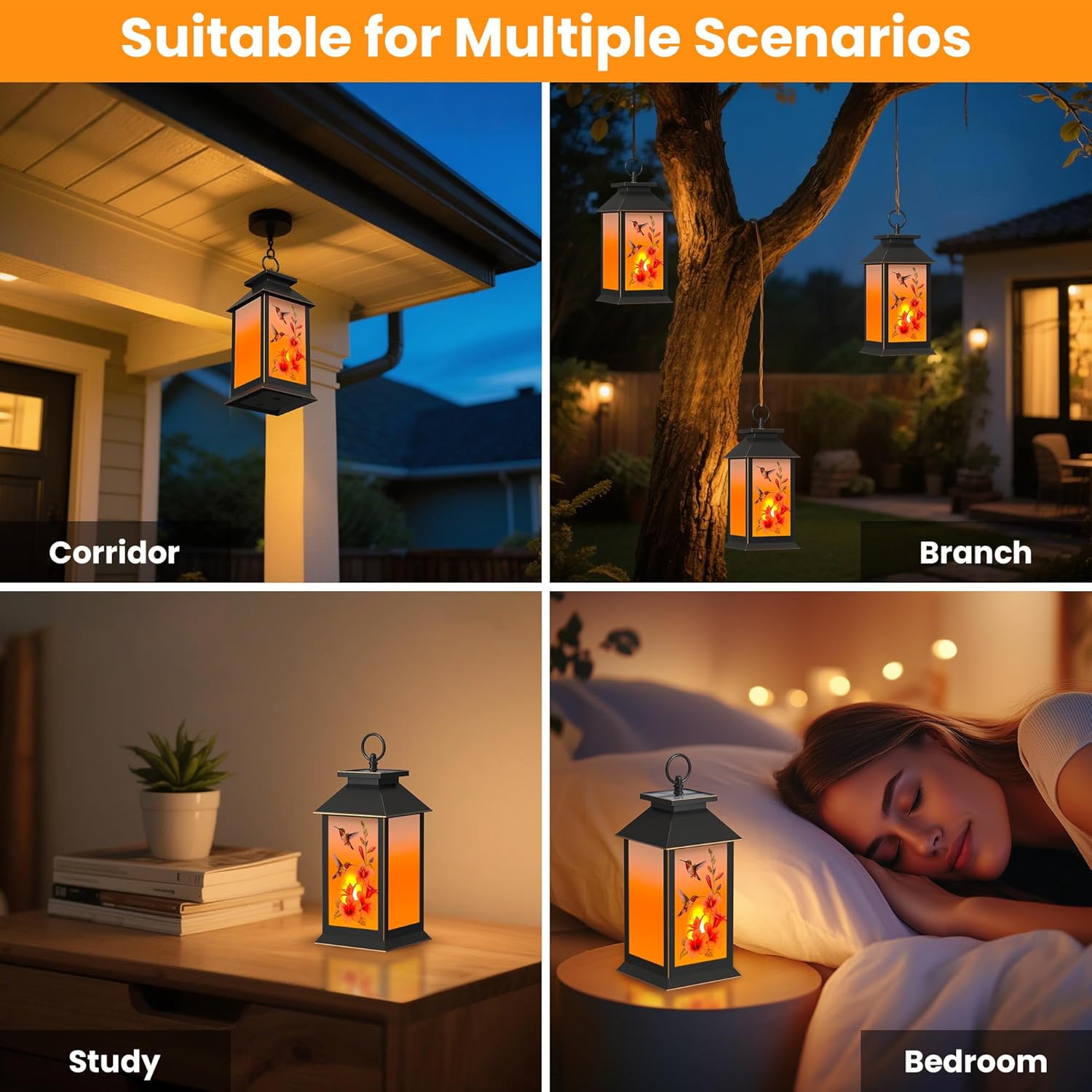 2 Pack Hanging Solar Lanterns, Hummingbird Flame Lantern, Outdoor Waterproof Upgraded Solar and 2 AA Batteries Powered, for Outside Porch, Patio and Indoor Tables, Mantelpiece.