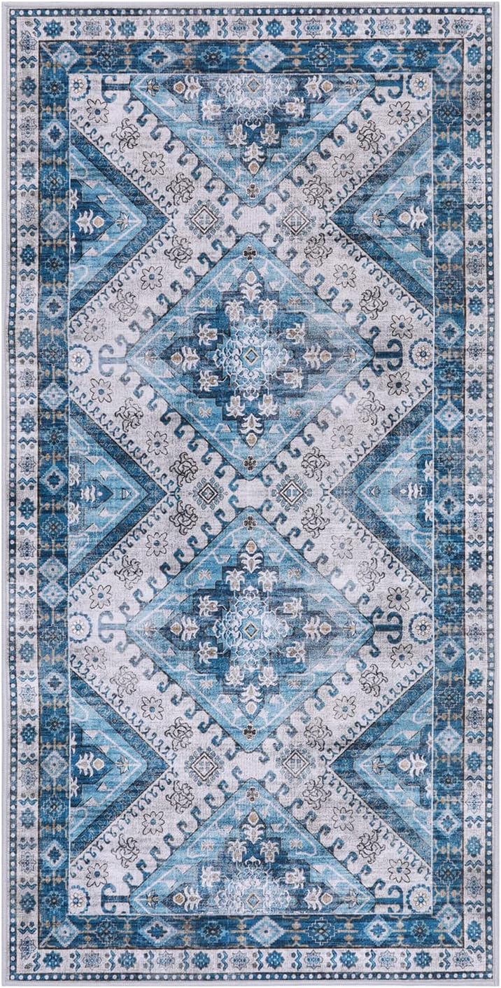 Beeiva Tribal Hallway Runner Rug, 2x4 Blue Kitchen Runner Rugs Non Skid Washable, Vintage Distressed Non-Shedding Laundry Room Rug Machine Washable Rug for Entryway Bedroom Kitchen