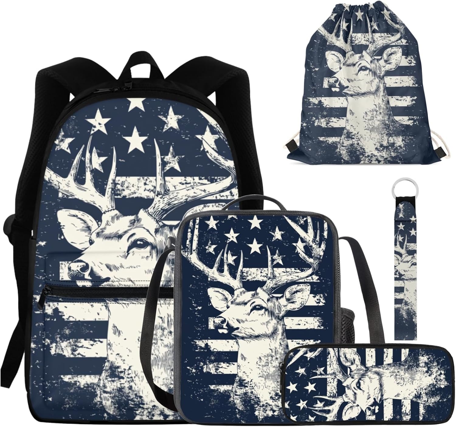GIFTPUZZ Deer Backpack for Kids 3-5 with Lunch Box American Flag Boys Backpack Set Large Capacity School Bag Set for Boys 5 in 1 for Preschool Kindergarten Toddler Casual Travel