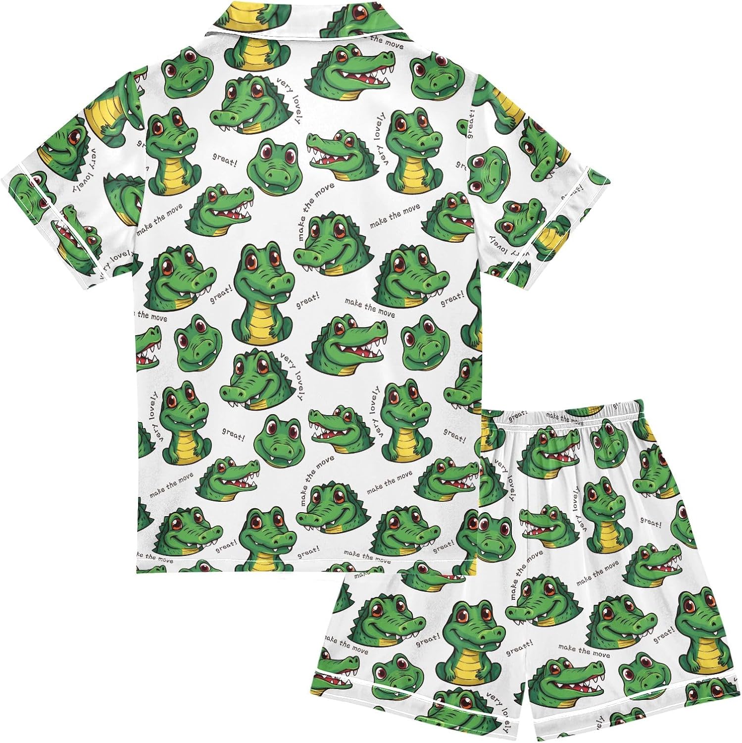 Kids Satin Wear Set Cartoon Green Alligator Pattern Relaxing Clothing Short Sleeve and Shorts