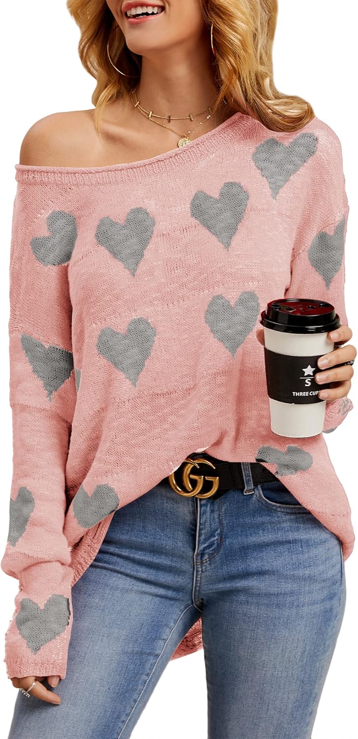 Chang Yun Women Off Shoulder Knitted Pullovers Sweater Loose Long Sleeve Hearts Printed Ripped Tops
