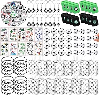 Aoriher 162 Pcs Sport Party Favors, Sport Party Gift Bag Fillers Foam Sports Balls Tattoo Stickers Keychains Sticker Charm Bracelets Sport Wristband Pull Back Cars for Party Supplies (Soccer)
