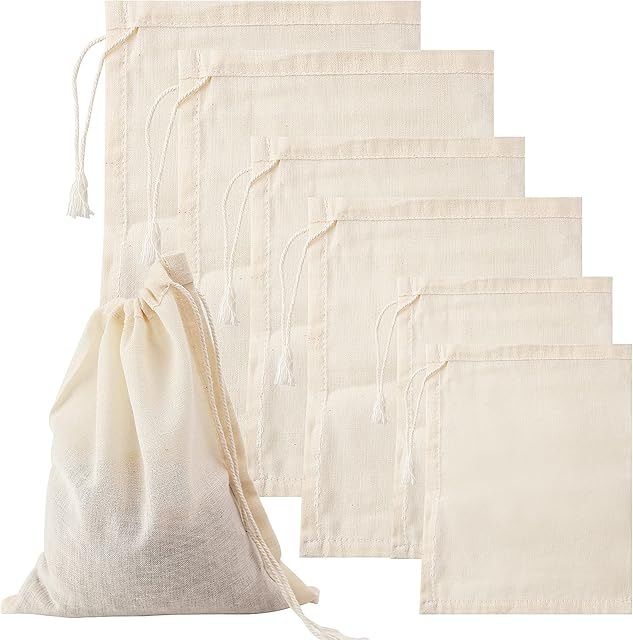 6 PCS Three Sizes Natural Cotton Muslin Drawstring Reusable Mesh Bag Eco-Friendly DIY Craft Gift Bag Filter Bag for Coins Small Jewelry or Spices Crafts Candies, White, S-L