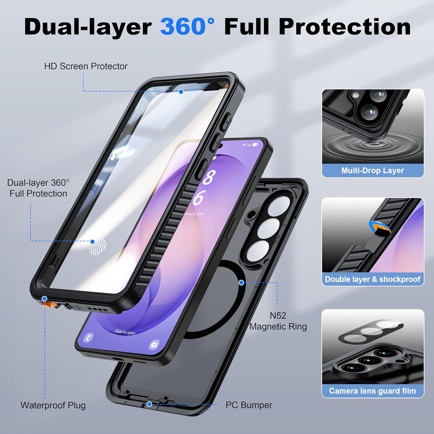ANTSHARE for Samsung Galaxy S26 Case Waterproof, Built-in Lens & Screen Protector, [Compatible with MagSafe] Shockproof Dropproof Translucent Matte Full Body Phone Case for S26 6.3"- Black