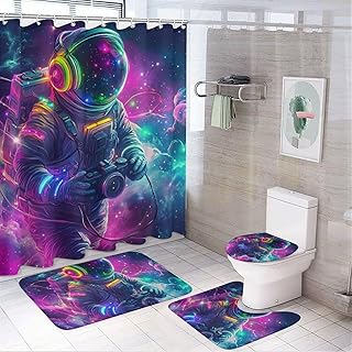 Space Astronaut Shower Curtain Sets with Toilet Lid Cover and Rugs, Fantasy Space Colorful Nebulae Bathroom Decor Set with Rug U Shape Mat, Waterproof Shower Curtain with 12 Hook 4Pcs