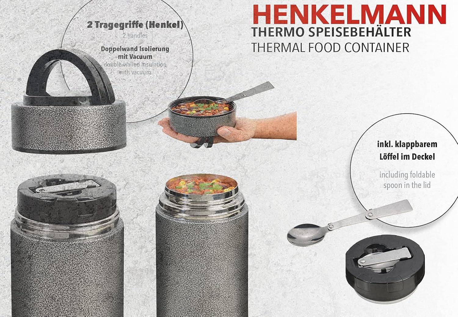 TROIKA Henkelmann VAC90/TI Thermal Food Container with Folding Spoon in Lid Stainless Steel/Plastic 900 ml Size: 10.3 cm x 10.3 cm x 21.4 cm Black/Titanium