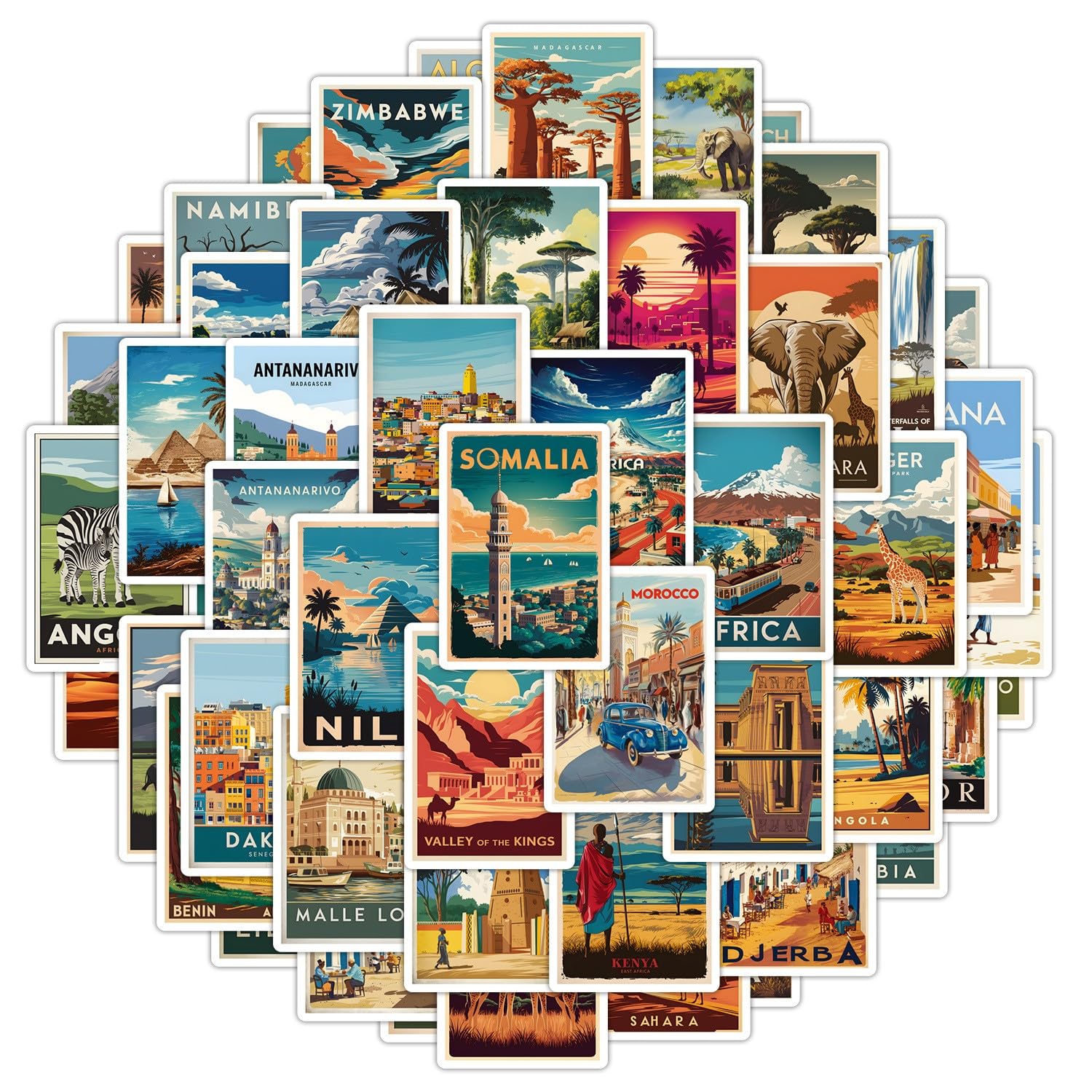 Africa Travel Vinyl Stickers 50Pcs Scenic Postcard Decorative Sticker Pack for Laptop Water Bottle Luggage Phone Case Journal and Scrapbook Decoration for Teens DIY Crafts