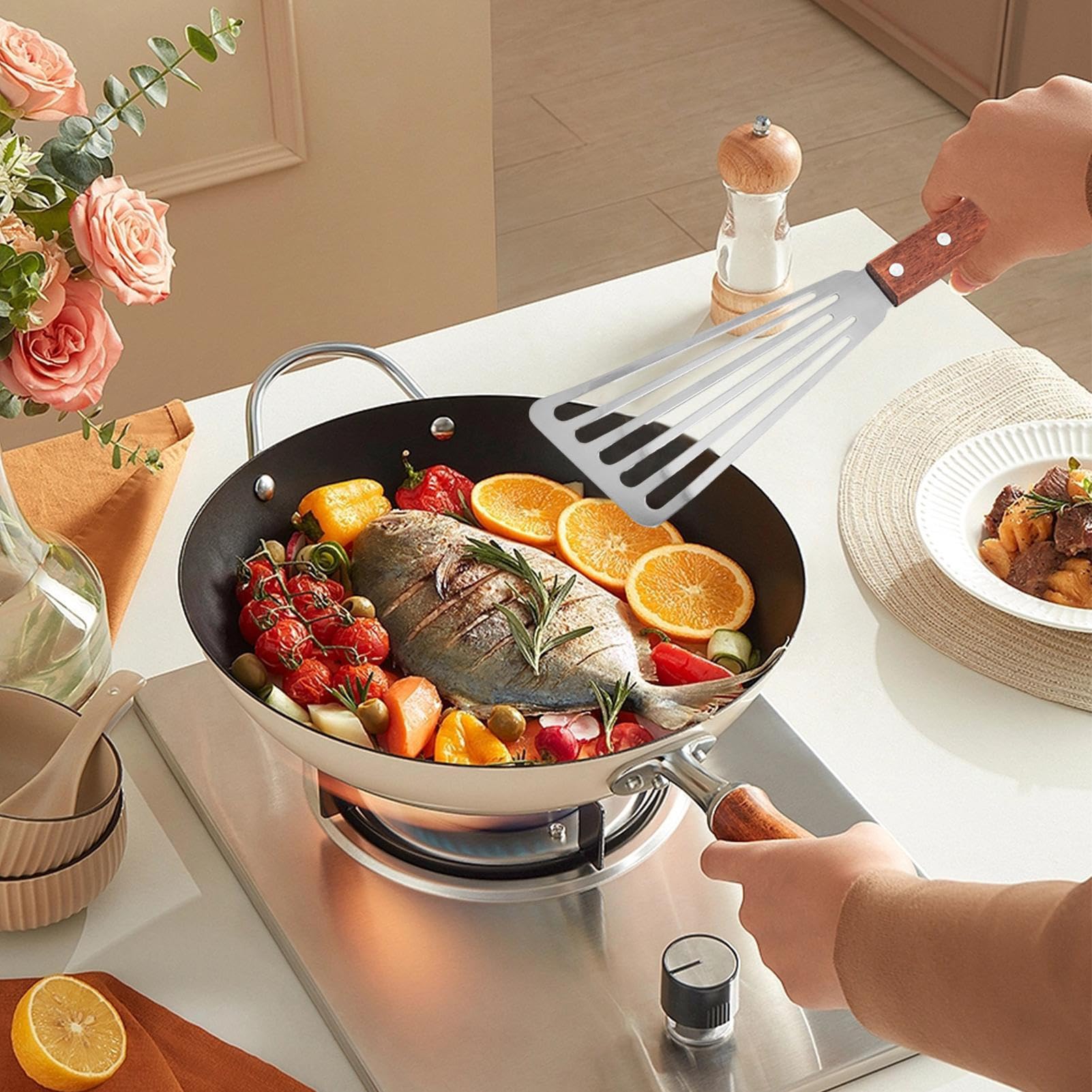 Spatola Per Pesce In Acciaio Inox 304 – Larga, Con Manico Termico E Fori Per Scolare L'Olio - 5