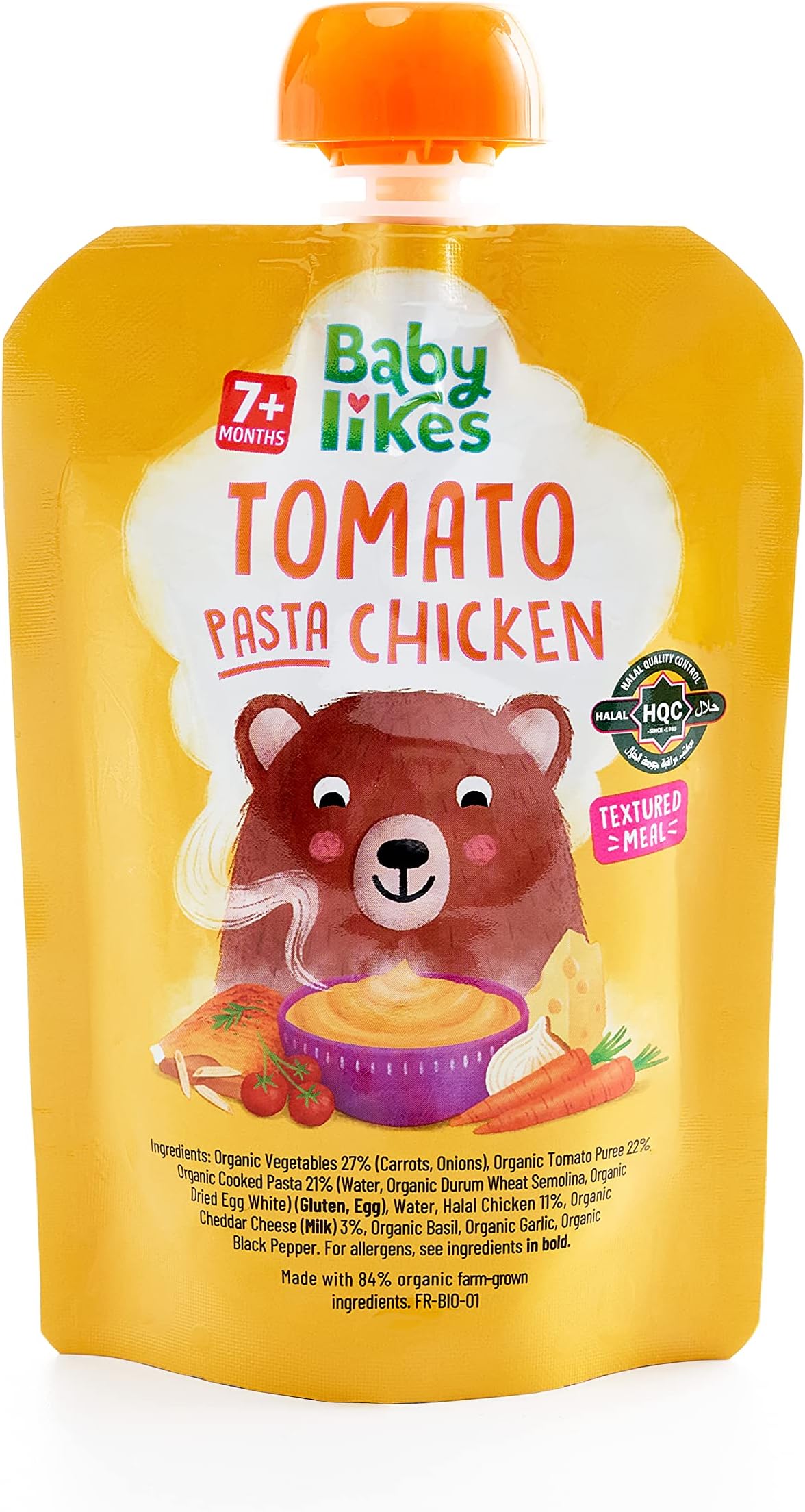 Babylikes Organic Halal Baby Food Pouches Stage 2 (7+ months)- Tomato Pasta Chicken Puree Meals 130g, Dairy-Free Complete Weaning Food for Babies On-the-Go