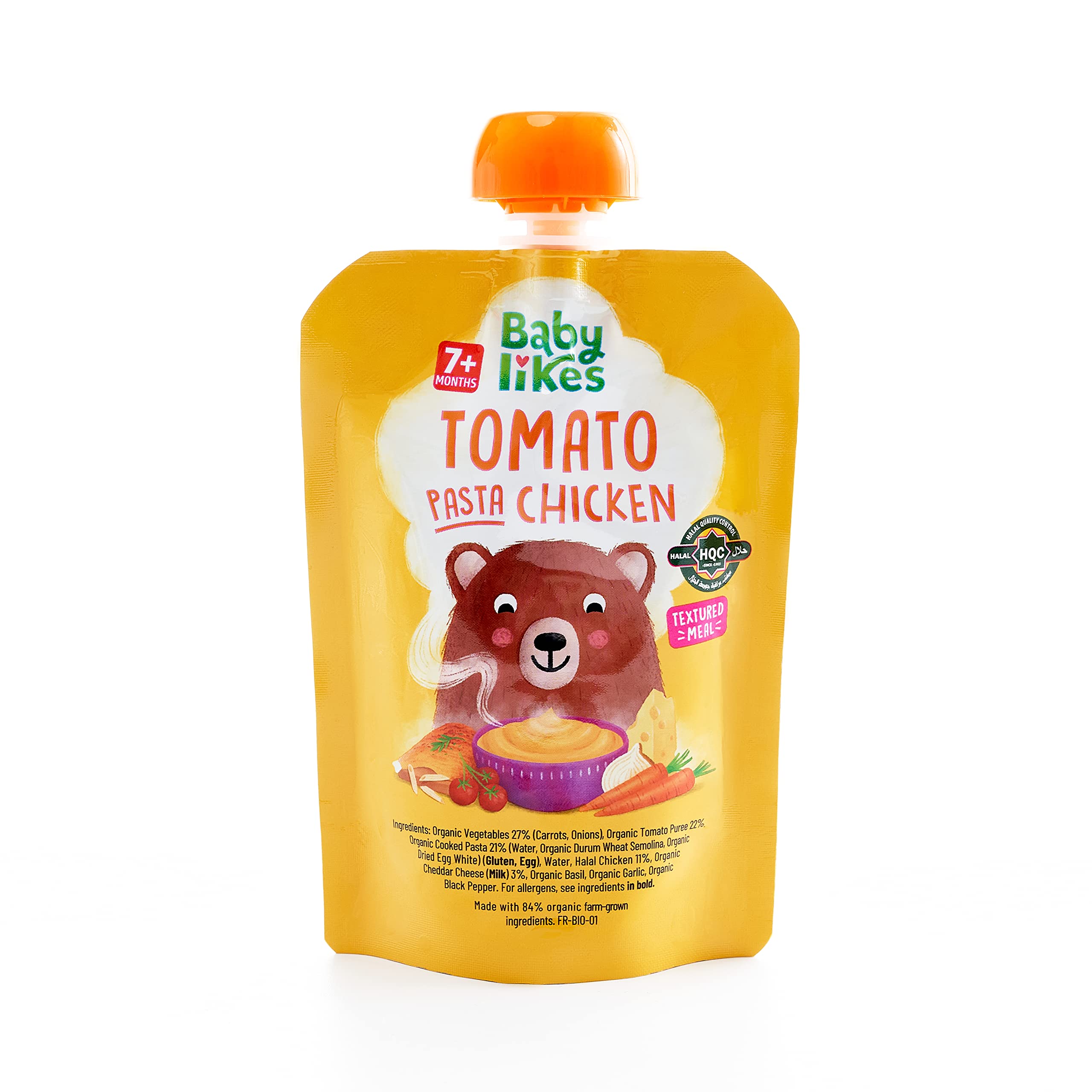 Babylikes Organic Halal Baby Food Pouches Stage 2 (7+ months)- Tomato Pasta Chicken Puree Meals 130g, Dairy-Free Complete Weaning Food for Babies On-the-Go
