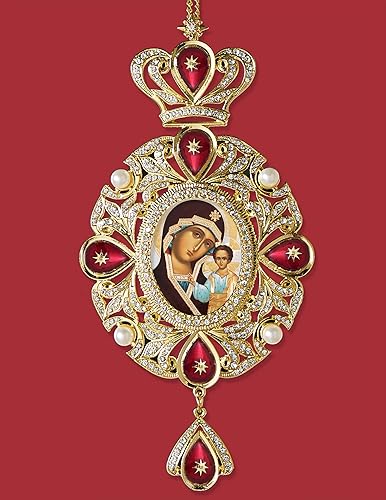 Miniatura 2 de Colgante de icono de Panagia ruso de Virgen María Nuestra Señora de Kazán con Cristo para decoración de pared, 7 34 pulgadas, rojo con perlas de