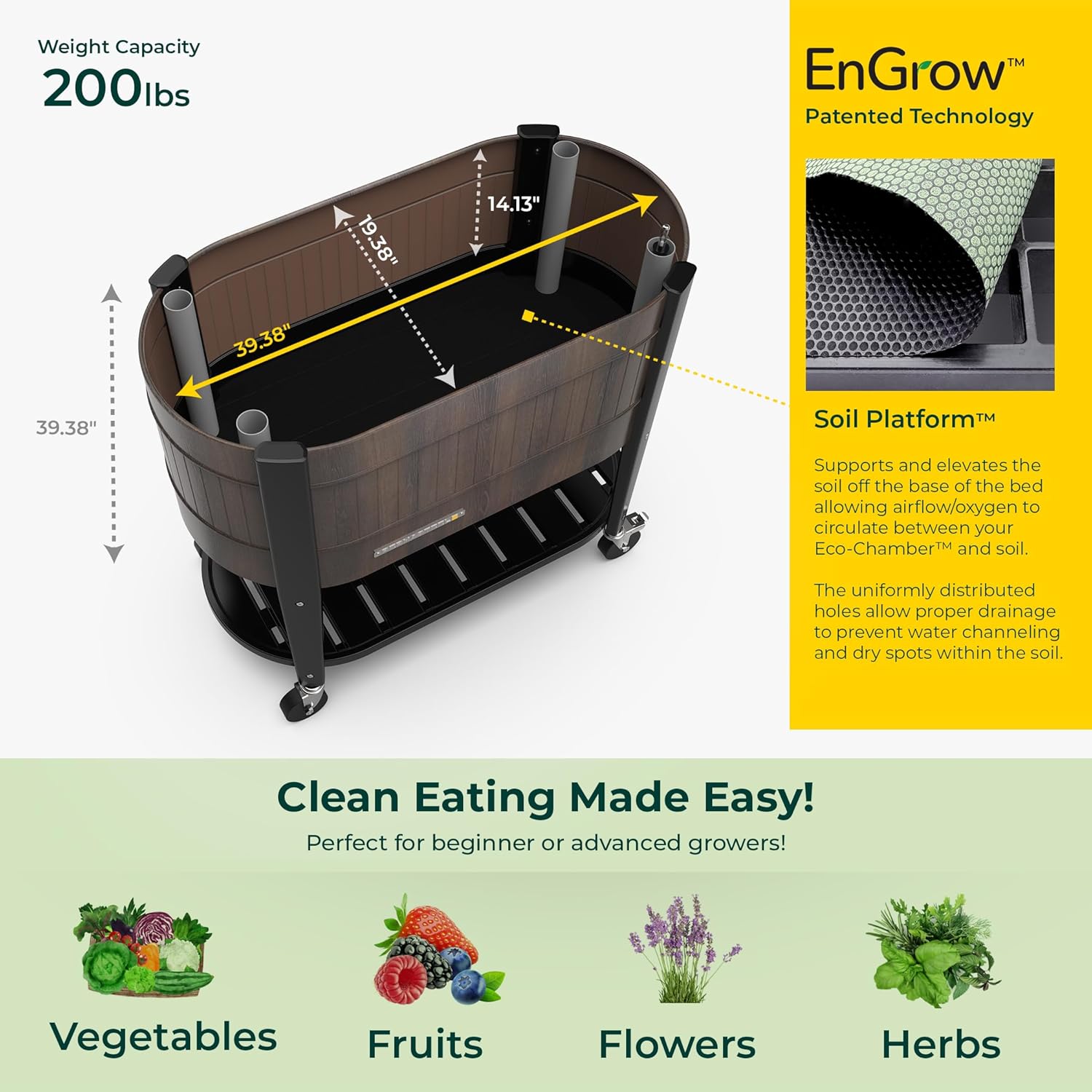 Permasteel Raised Garden Bed with Legs, 40×20×37 in, Planter Box with EnGrow™ TrueSoil™ Technology for Vegetables, Flowers, Herbs, and Fruit, Outdoor Indoor, Storage Shelf, Wood Brown