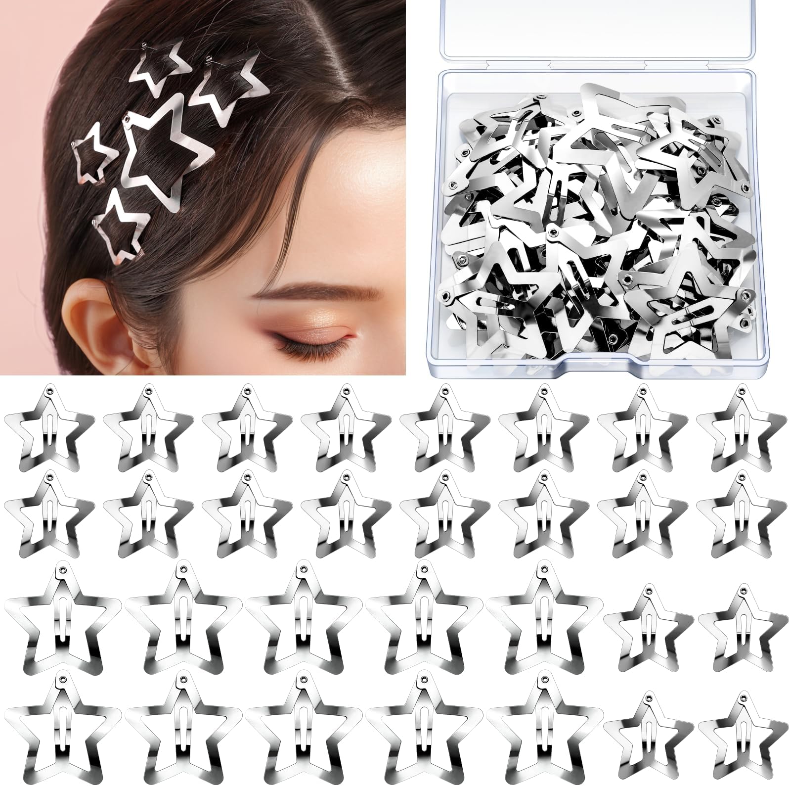 YGDZ Star Hair Clips and Barrettes Set - 20 pcs 1.22" Y2K Hair Accessories, 10 pcs 1.61" Silver Clips for Girls Women, Rave Accessories, Non-Slip Metal Snap Hair Clips
