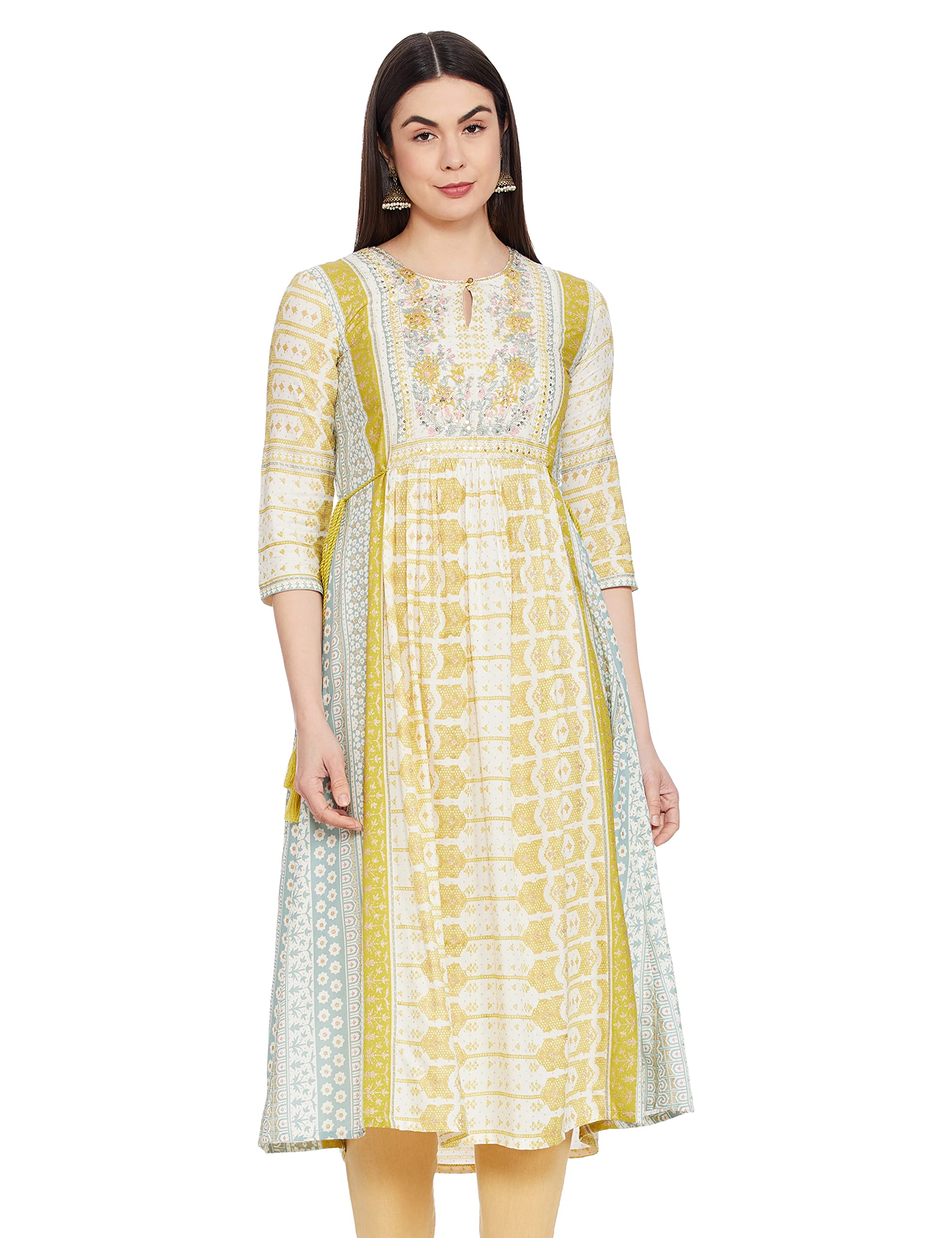 W for WomanWomen's Viscose Ecru Gathered Dress with Soft Multi-Coloured Prints Below The Knee