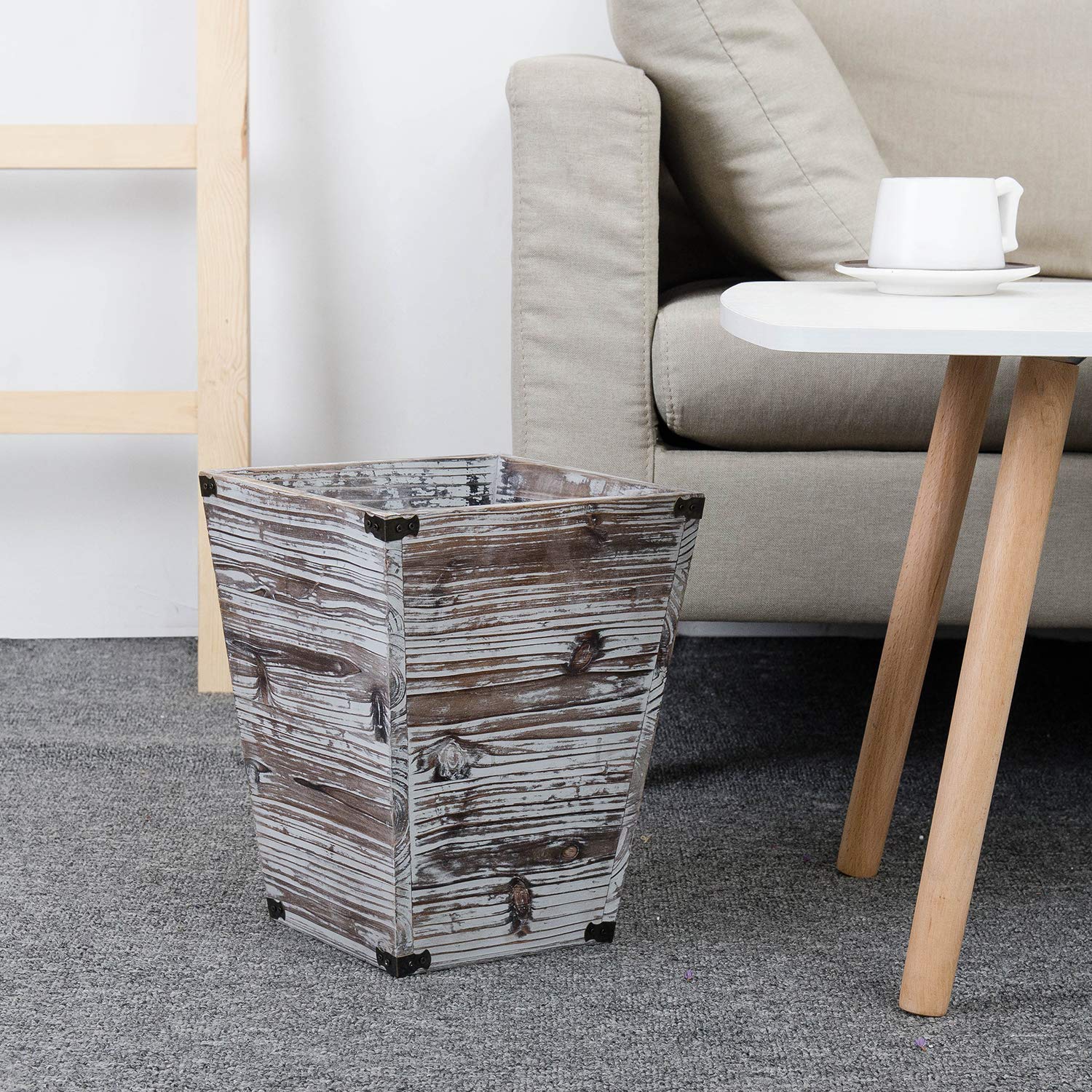 New Deal Liry Products Rustic Torched Wood Square Waste Basket Farmhouse Style Recycle Bin Trash Can Decorative Metal Brackets Whitewashed Wooden Garbage Container Ash Holder Bedroom Living Room Home Office