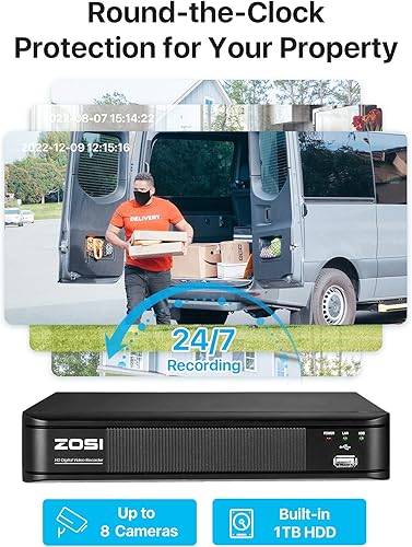 Miniatura 6 de ZOSI H.265+ Sistema de cámara de seguridad para el hogar con detección de vehículos humanos AI, 5MP 3K Lite 8 canales DVR de vigilancia y 8 cámaras