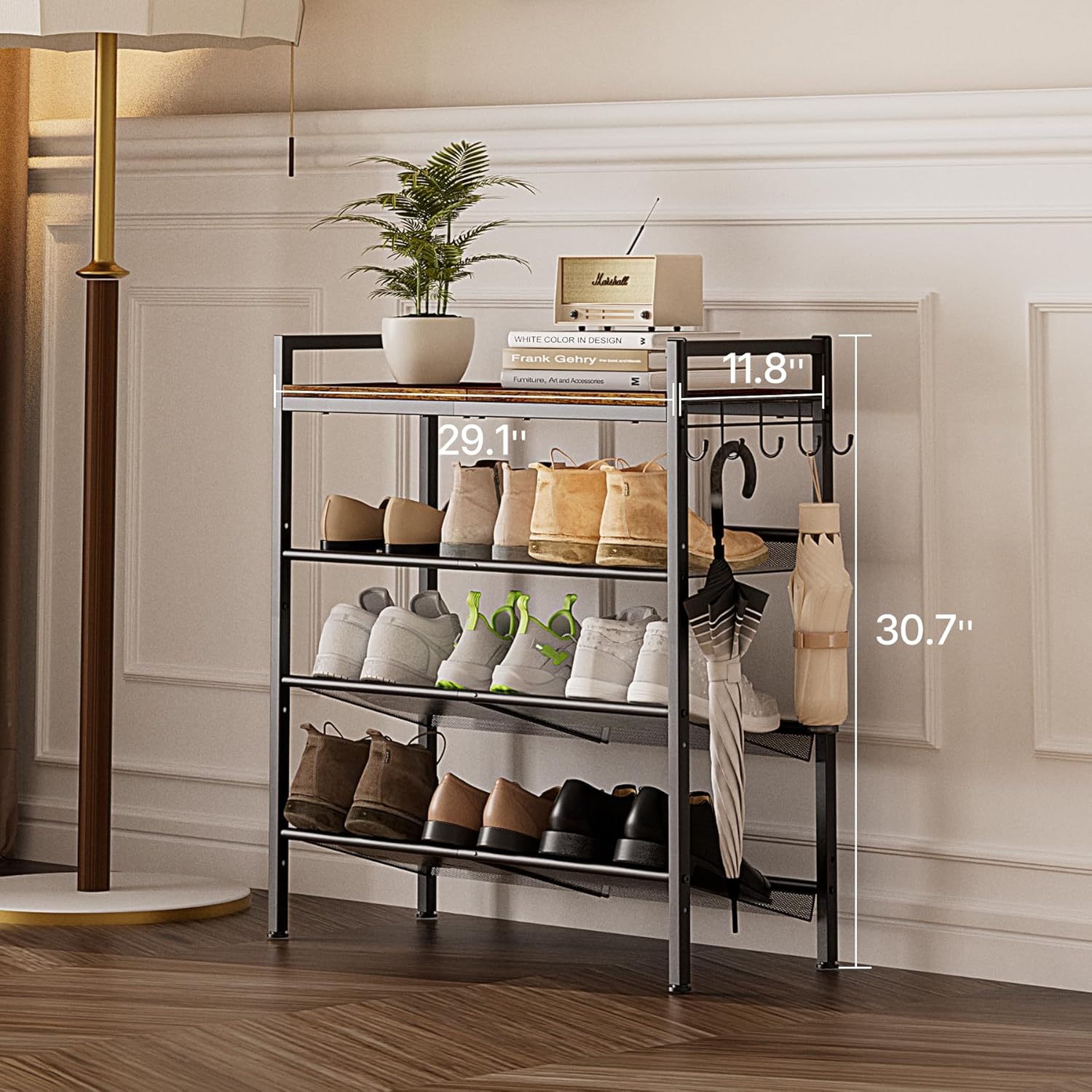 4 Tier Shoe Rack, Shoe Rack for Front Door Entrance with Hook, Shoe Organizer with Adjustable Mesh Shelves, Metal Shoe Rack for Entryway, Closet, Bedroom Living Room Garage Black 4 Tier