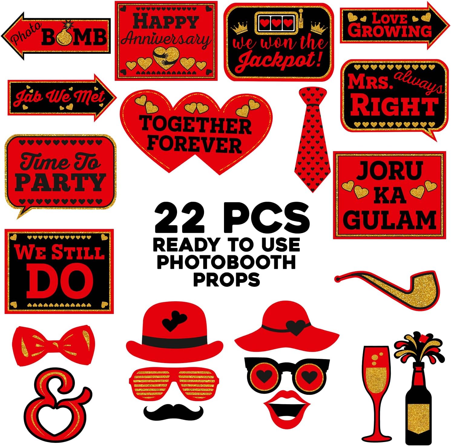 22 pcs Wedding Anniversary Photo Booth Party Props DIY Kit, Red & Black, Anniversary Party Decoration Photo Booth Board