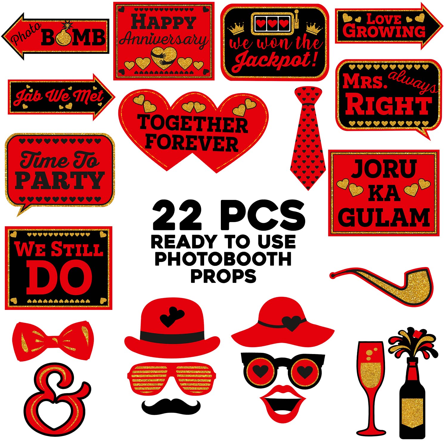Lot de 22 accessoires de fête pour anniversaire de mariage - Rouge et noir - Décoration de fête d'anniversaire