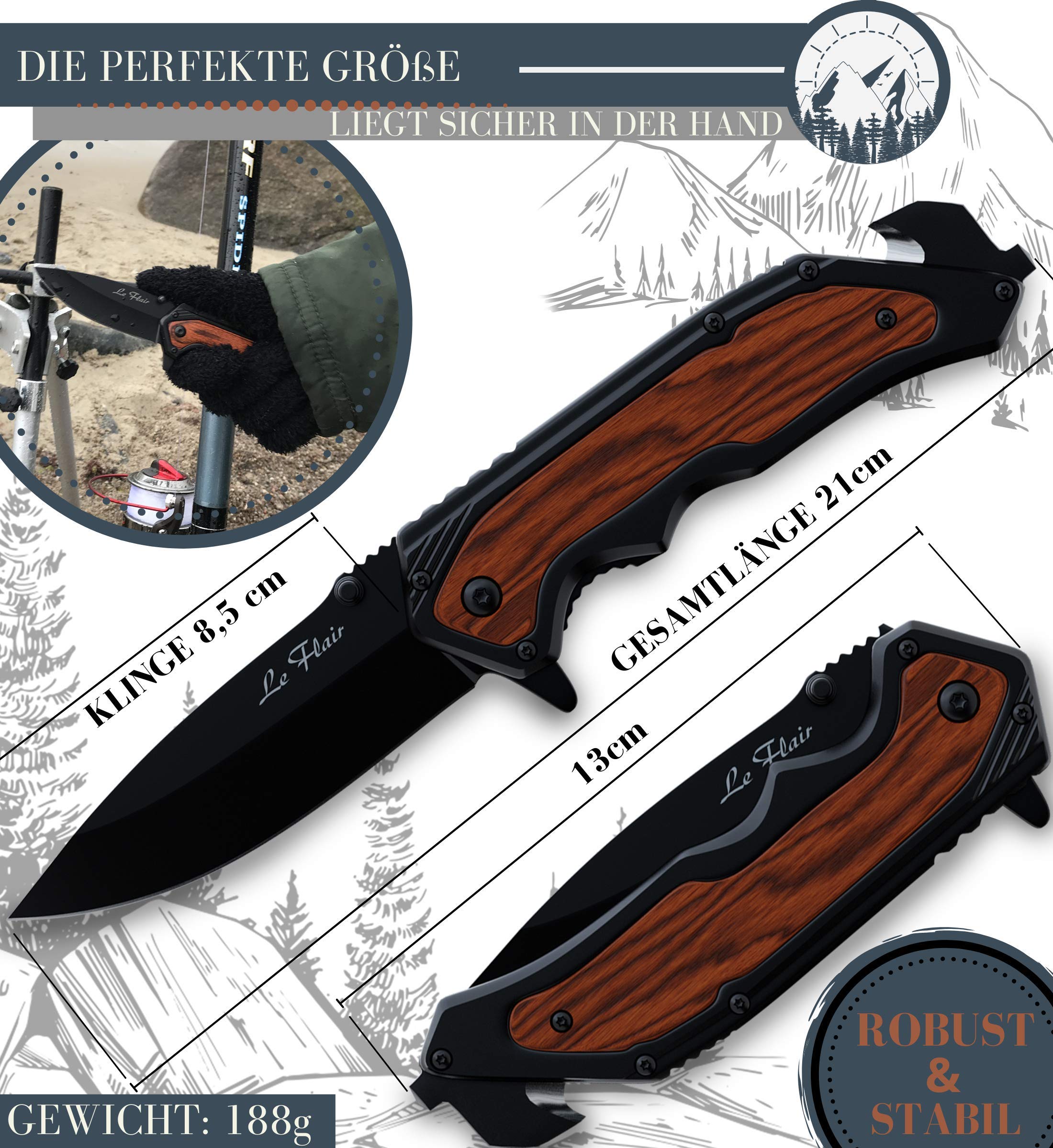 Le Flair® Outdoor Messer - Einhandmesser Taschenmesser mit 8,5cm Edelstahl Titanklinge - Survivalmesser mit Korrosionsschutz - Bushcraft Messer inkl. Messerschärfer und Magnetbox - Klappmesser