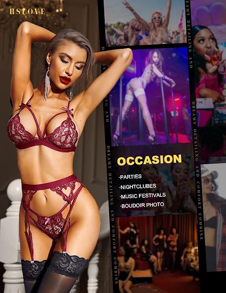 RSLOVE Completi Intimi da Donna con Reggicalze Body in Pizzo Teddy Babydoll in 3 Pezzi - 4