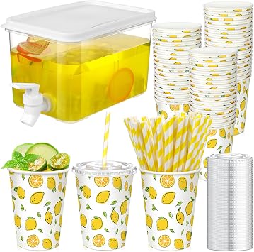 151 Pcs Lemonade Stand Supplies Lemonade Stand Kit Plastic Drink Dispenser 50 Set Disposable Cup with Lids Straws Fridge Water Beverages Dispenser with Spigot for Fruit JuiceCup-12oz