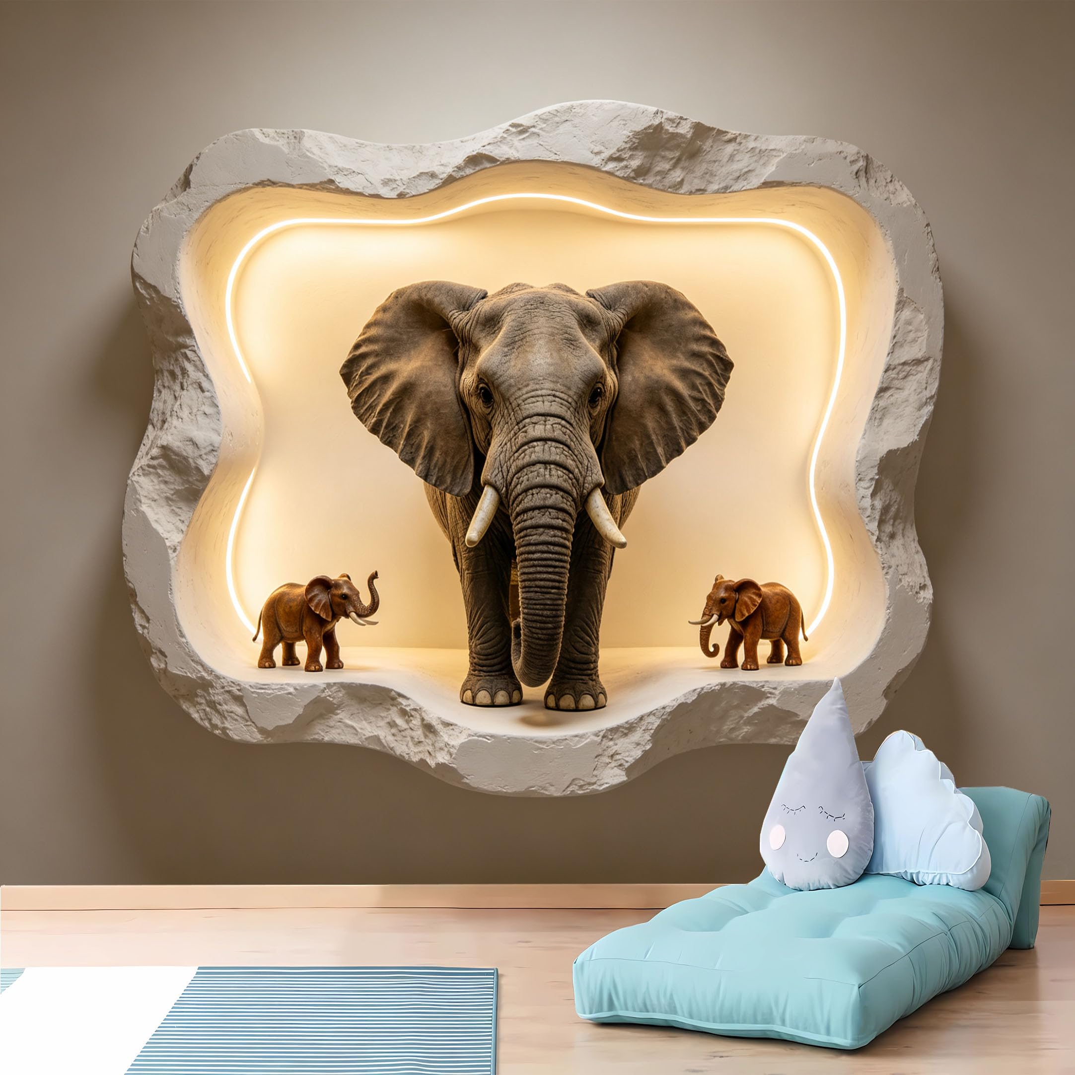 Custom Size Wall Murals,3D Elephant Wall Niche with Light Effect Wall Murals,3D,Self-Adhesive Removable Wallpaper for Living Room Home Decor