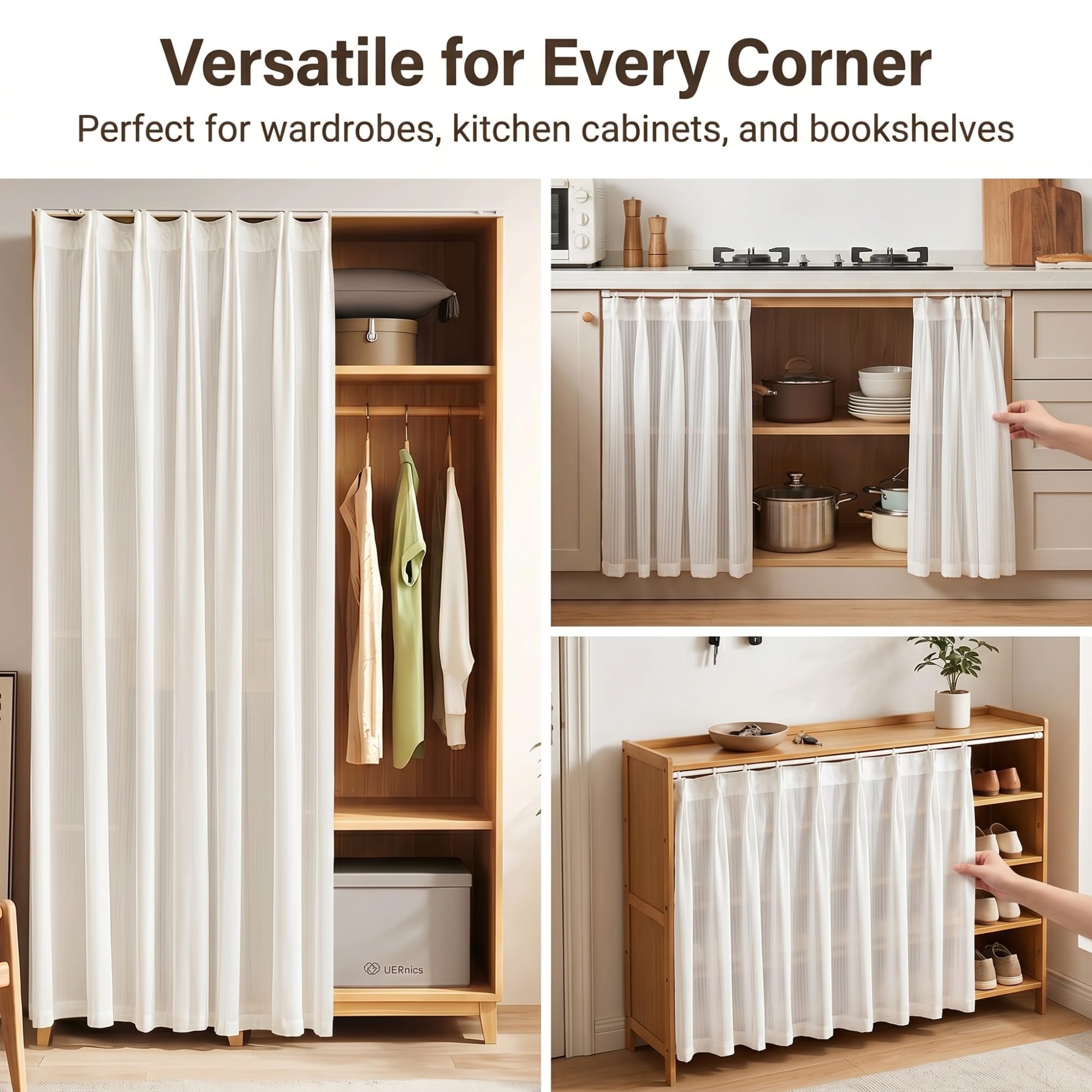 NEPHRA Rideau Placard Autocollant, Rideau sous Evier avec Rail Coulissant & sans Perçage, Rideau Cuisine en Gaze pour Armoires sans Portes, Machines à Laver & Penderies(White-D,200 x 200 cm)