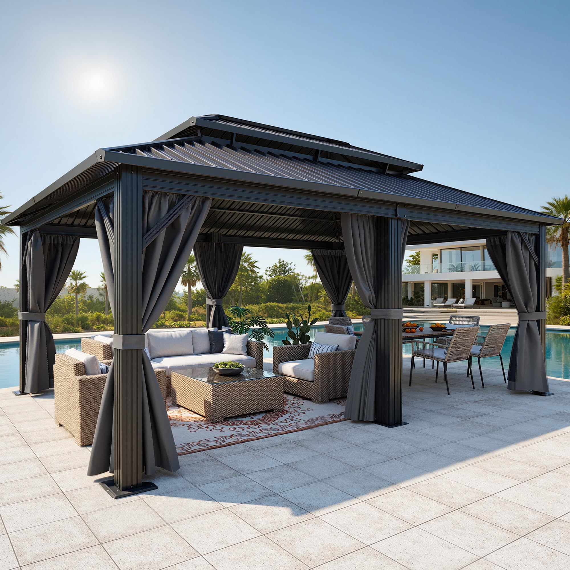 Photo 1 of *Partial set* DWVO 18x12ft Aluminum Gazebo Hardtop Double Roof Canopy Outdoor Gazebo Galvanized Roof with Netting and Curtain Garden Tent for Patio, Backyard and Deck
