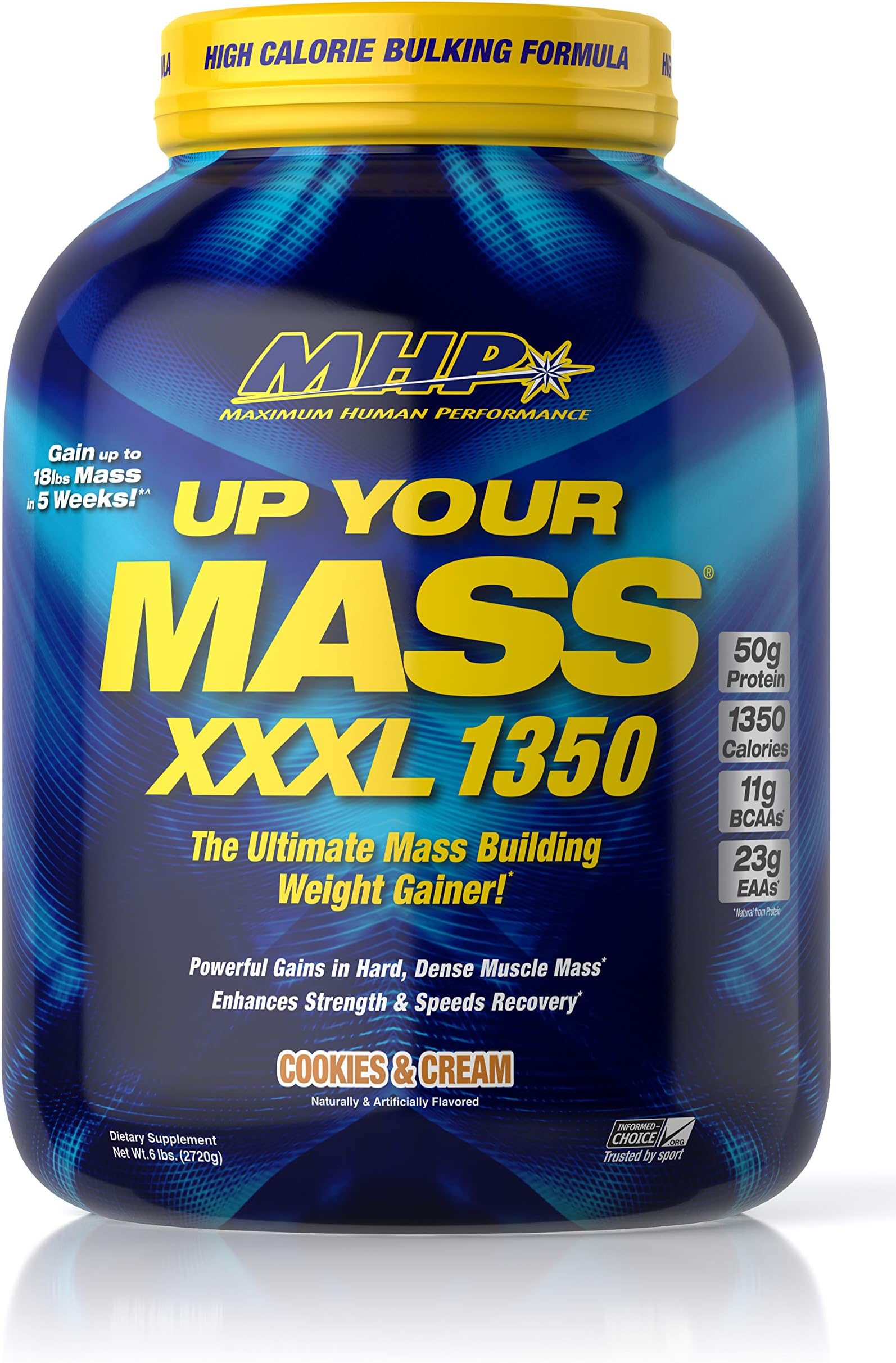 MHP UYM XXXL 1350 Mass Building Weight Gainer, Muscle Mass Gains, w/50g Protein, High Calories, 11g BCAAs, Leucine, Cookies & Cream, 8 Servings, 6lb