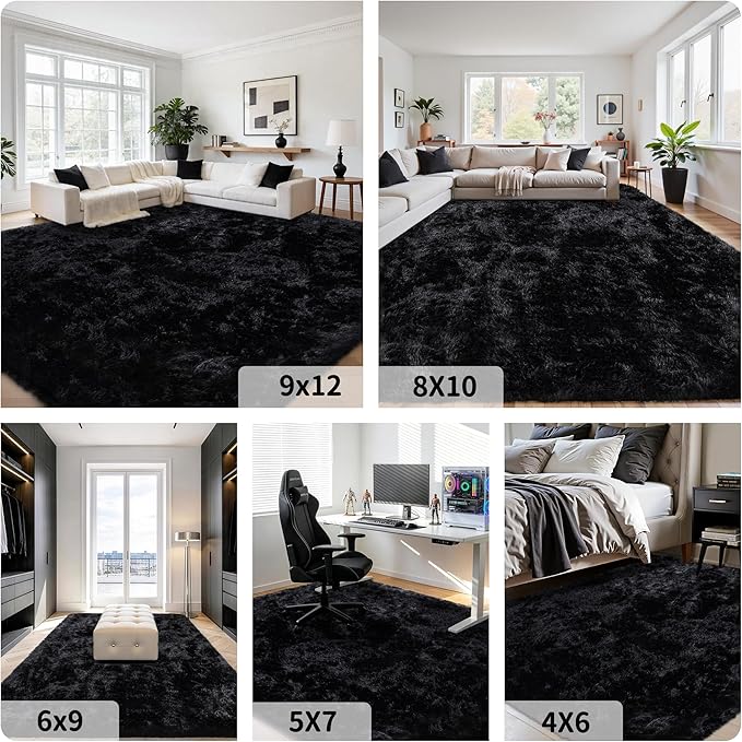 Alfombra 8x10 para Sala de Estar, Suave y Esponjosa, Negra, Antideslizante, Lavable miniatura 8