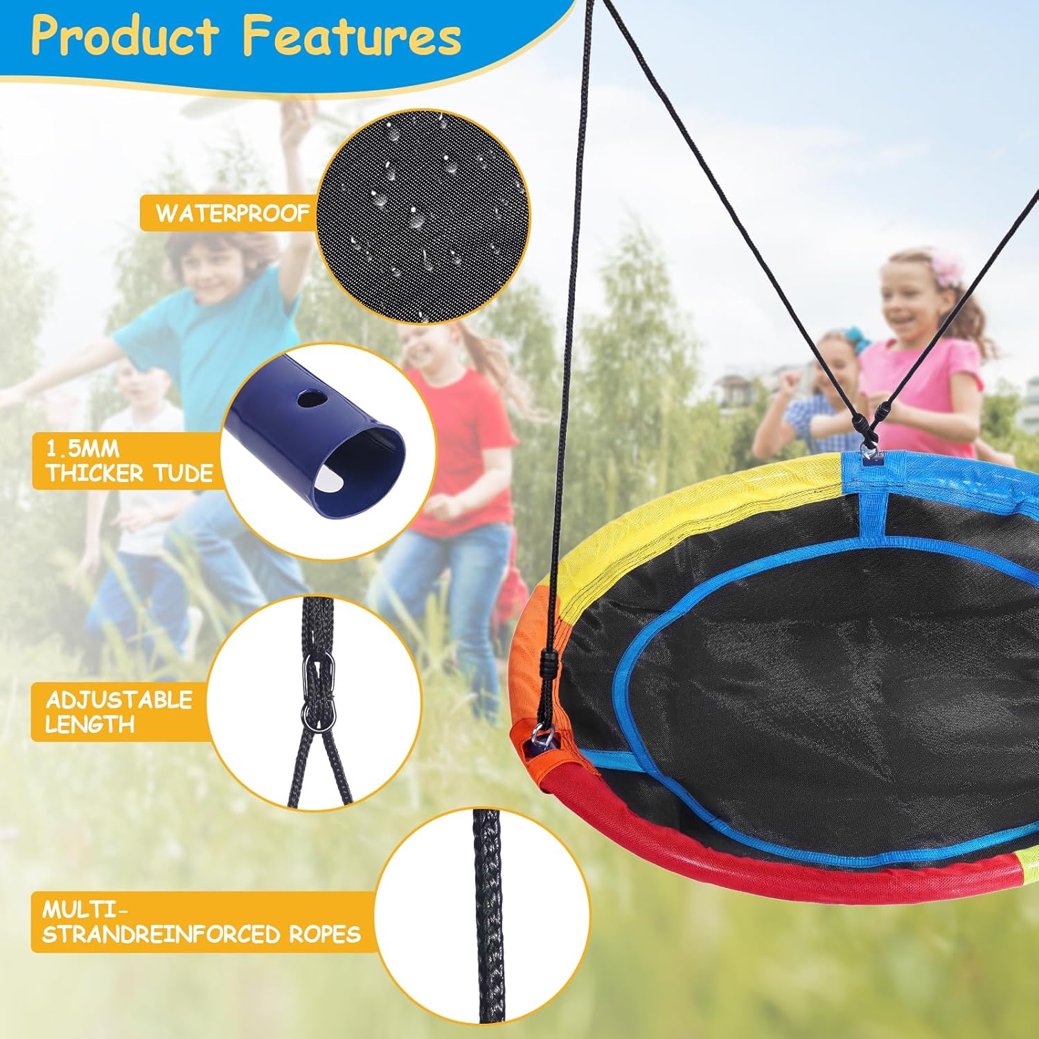 Lunafun 45” Saucer Swing for Kids, 440lbs Adjustable Swing Set for Backyard or Outdoor Playground,Heavy-Duty A-Frame Metal Outdoor Stand