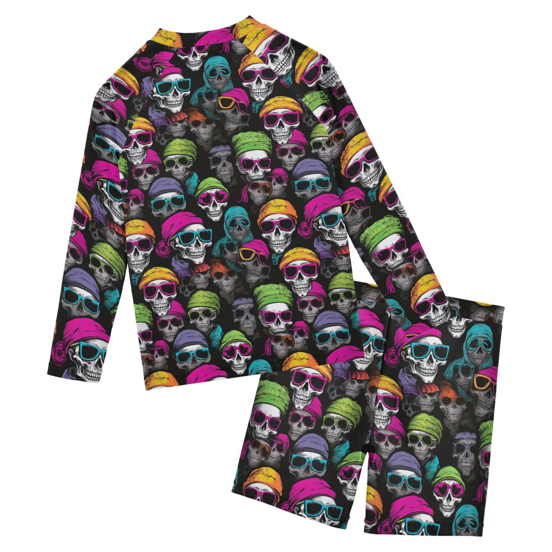 Sugar Skull Skeleton Gothic Baby Boys' Toddler Long Sleeved Rashguard Swim Bathing Suit Set B0402985