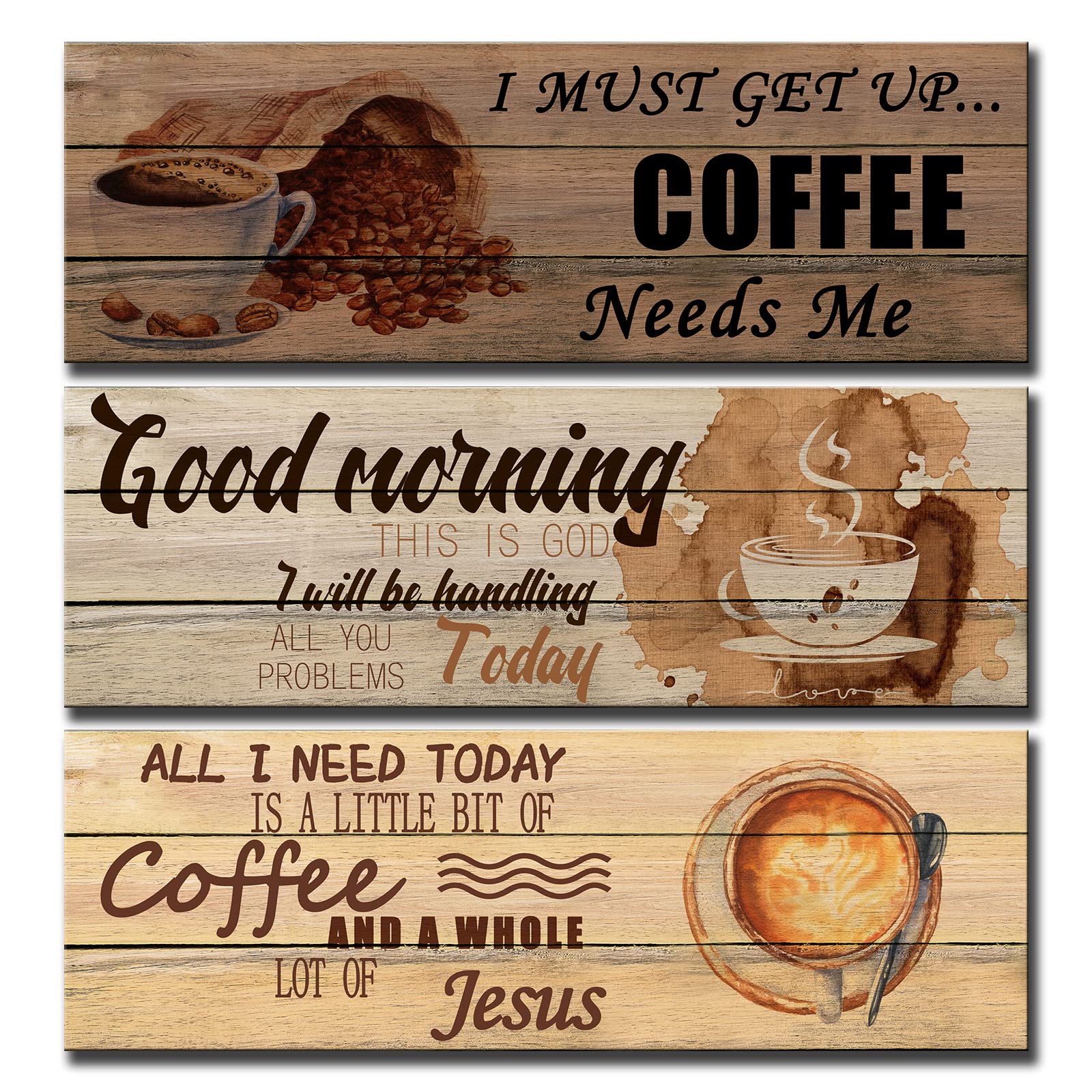 Wood Wall Decor Retro Kitchen Signs 3 Pieces All I Need Today is Coffee and Jesus Wood Plank Design Hanging Sign Good Morning This is God Watercolor Coffee Cup Wooden Wall Art Home Decor Easy to Hang